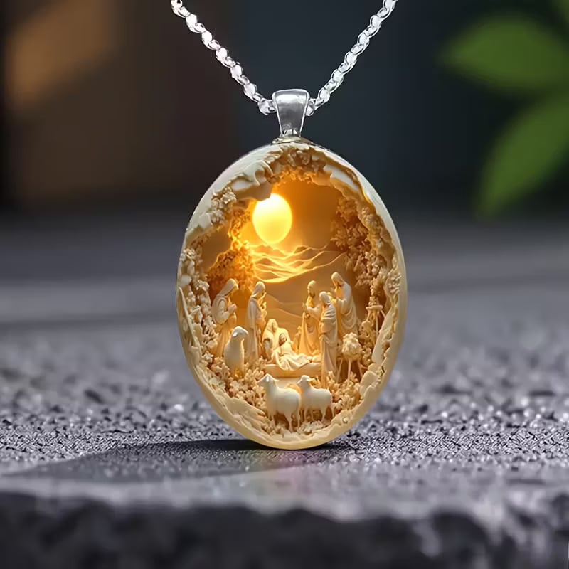 Nativity Scene Oval Pendant Necklace