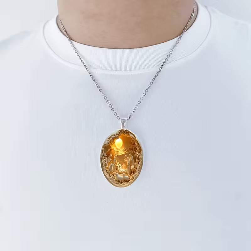 Nativity Scene Oval Pendant Necklace