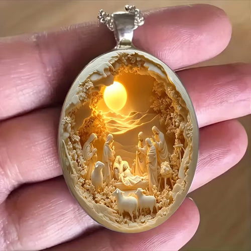 Nativity Scene Oval Pendant Necklace